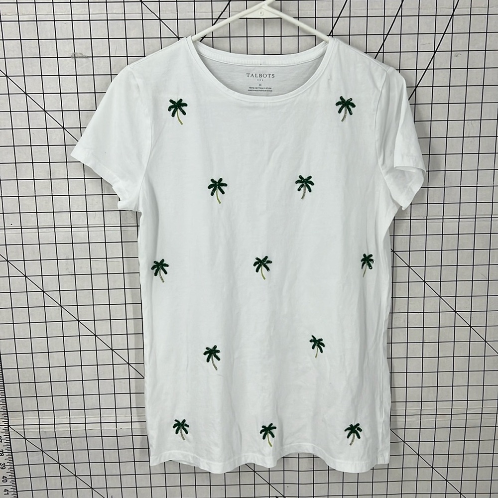 Talbots factory 100% cotton Novelty sequent bead, palm tree print T-shirt